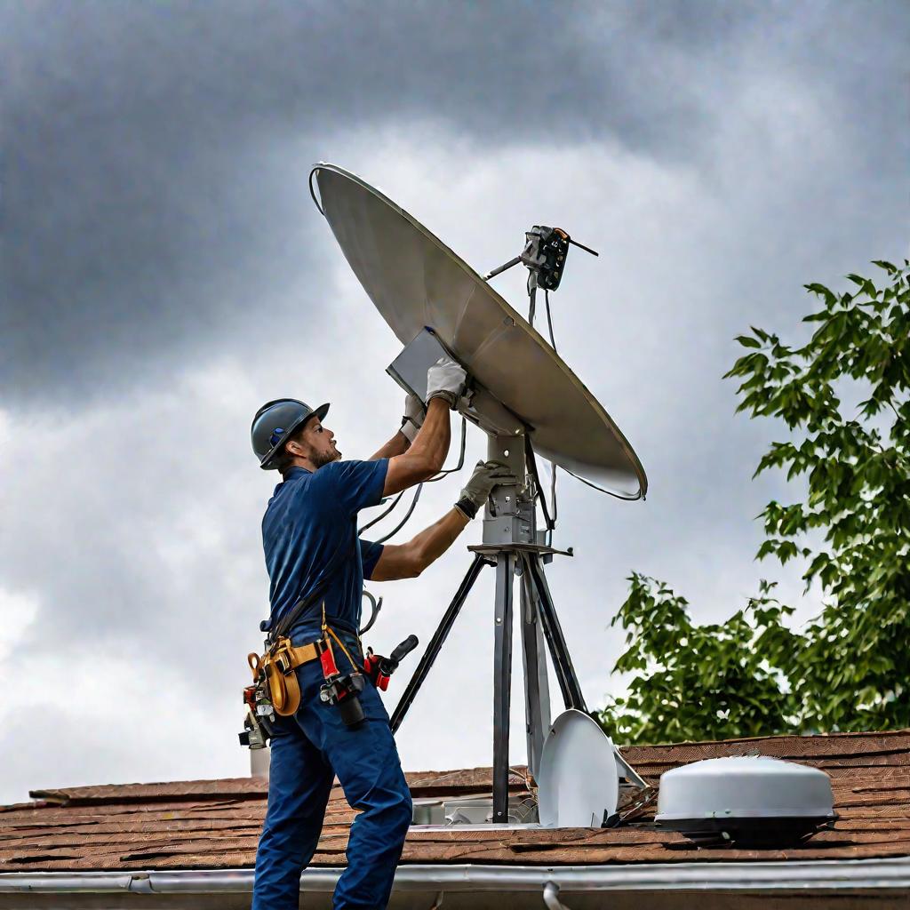 Портрет техника, устанавливающего спутниковую антенну на крыше дома в пасмурный день
