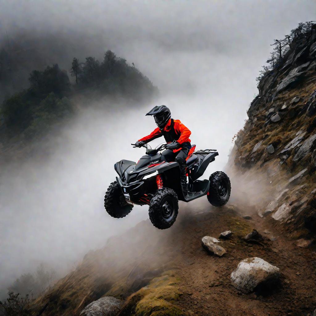 Черный квадроцикл CF Moto X8 поднимается по каменистой тропе в тумане