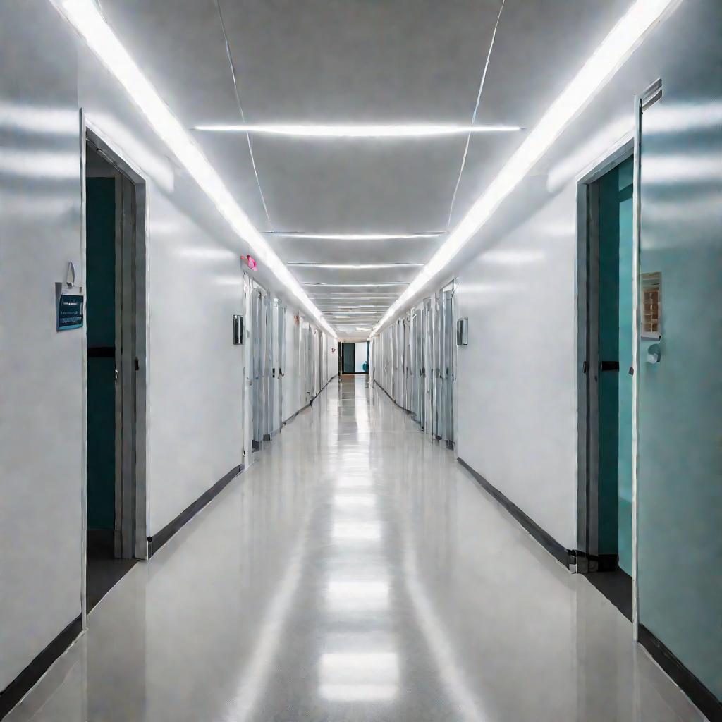 Вид сверху на длинный пустой коридор поликлиники.