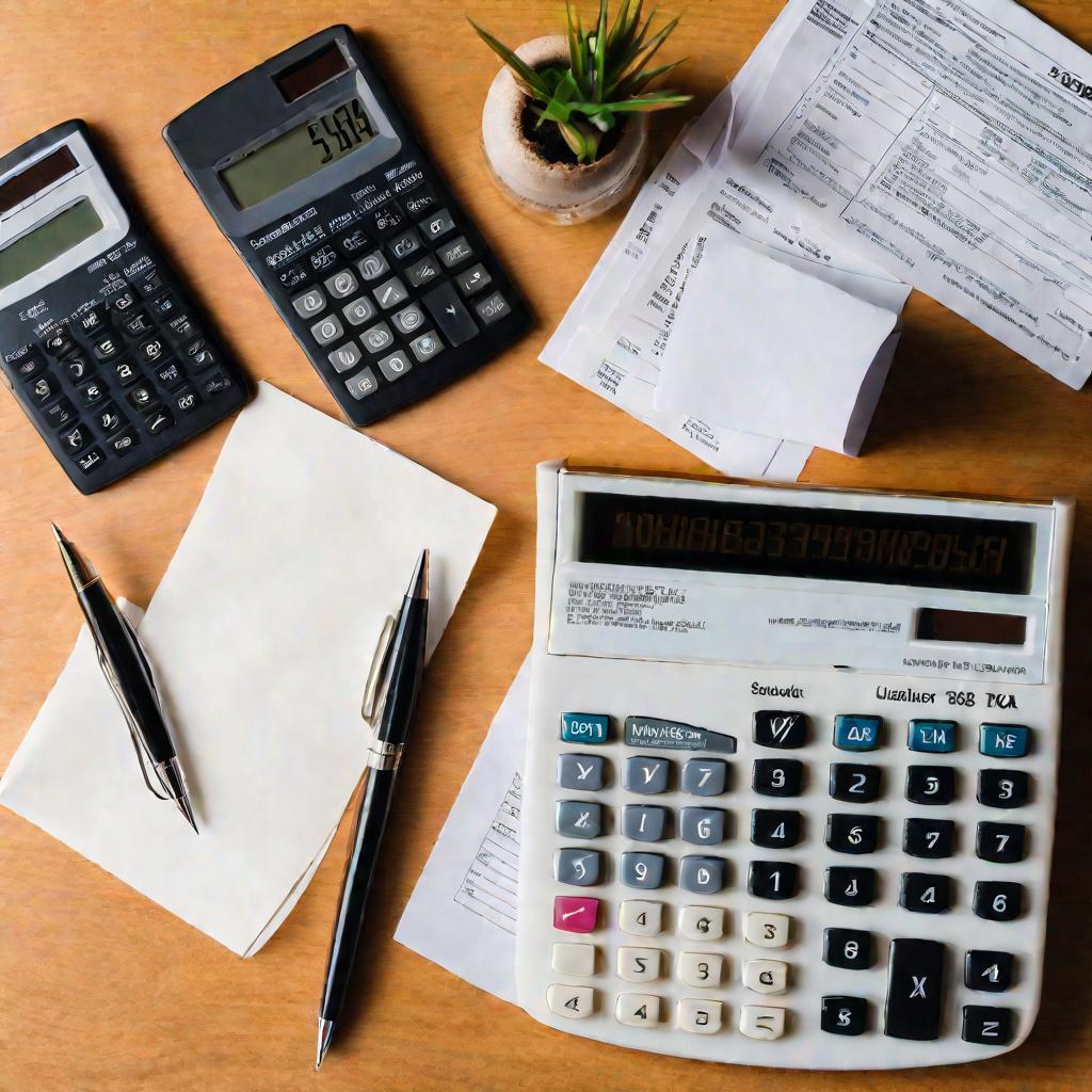 Калькулятор, ручка и налоговые документы на столе
