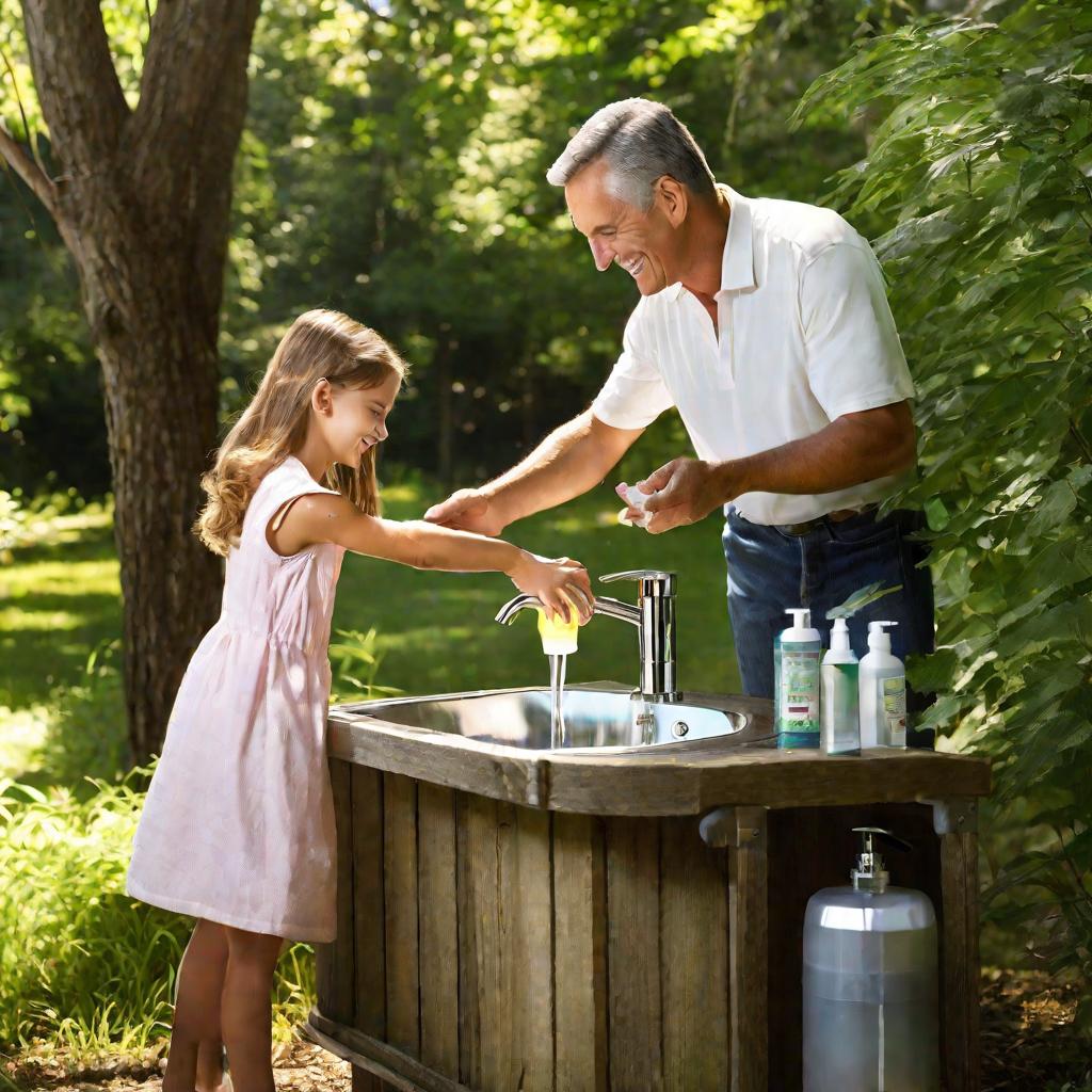 Отец с дочкой моют руки с мылом из диспенсера на улице.