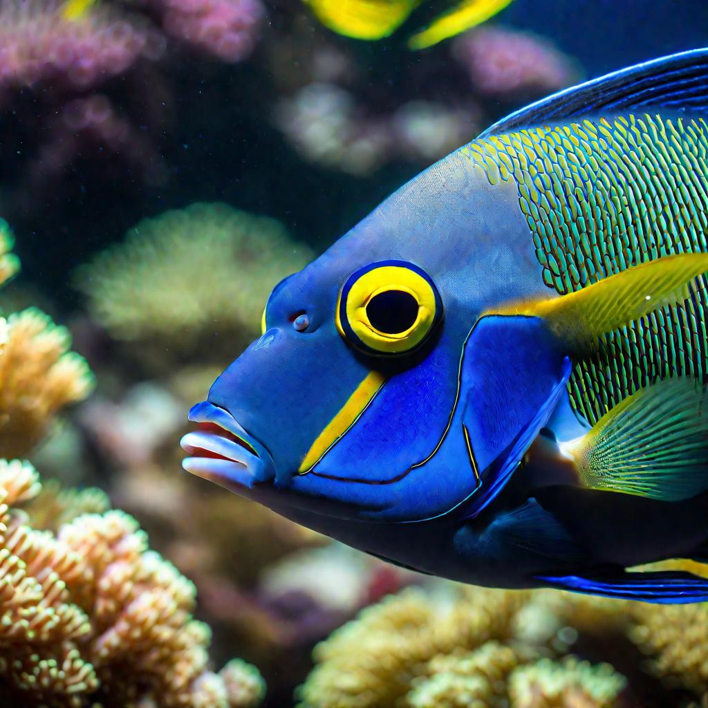 Крупный план портрета хирургической рыбы, плавающей в тропических водах. Ее чешуя переливается радужными оттенками синего и желтого на солнце. Мягкое освещение создает мирное настроение. Глаз рыбы смотрит прямо на зрителя.
