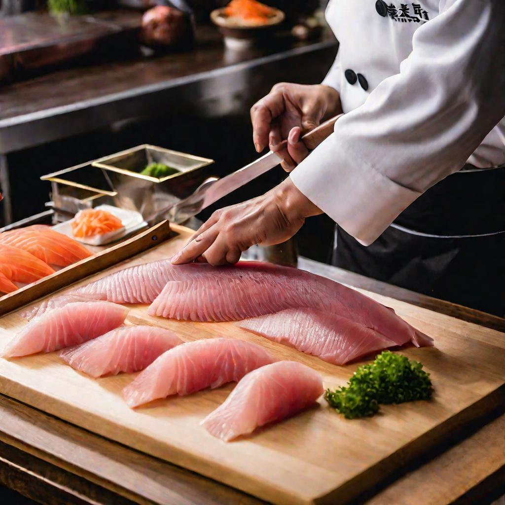 Вид сверху на повара, нарезающего тонкие ломтики сырой морской курицы для сашими. Полупрозрачное мясо и искусная работа ножом создают элегантную и артистичную сцену в минималистском суши-ресторане.