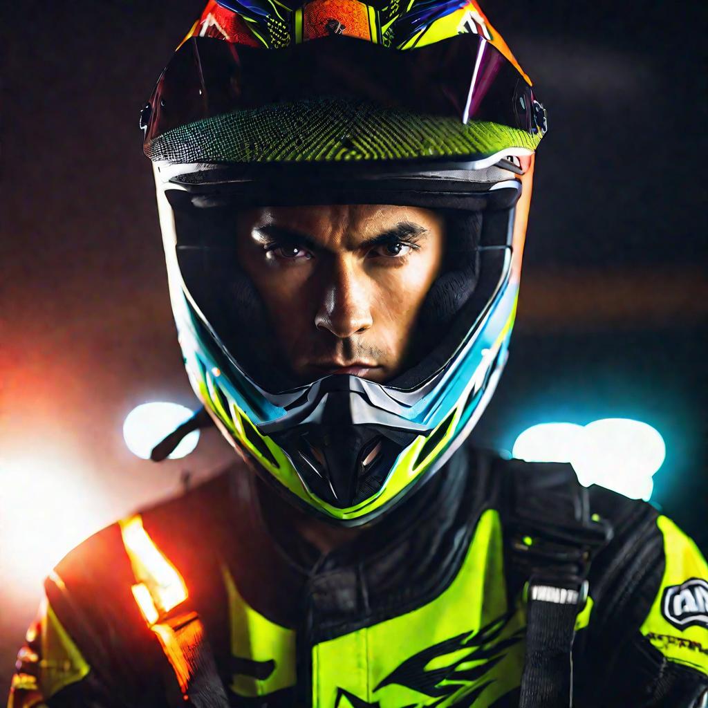 Портрет мотогонщика в ярком шлеме и костюме.