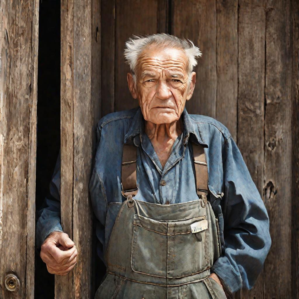 Крупный портрет старика, стоящего перед обшарпанной деревянной дверью и прищурившегося, глядя прямо в камеру. Его морщинистое лицо выражает мудрость, усталость и смирение. На нем потрепанные пыльные комбинезоны, в потрескавшихся руках - выцветшее уведомле