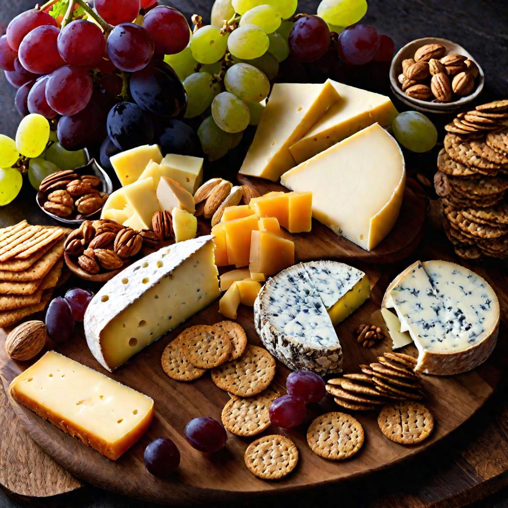 Деревянная доска с разнообразными сортами сыра, виноградом, орехами и крекерами
