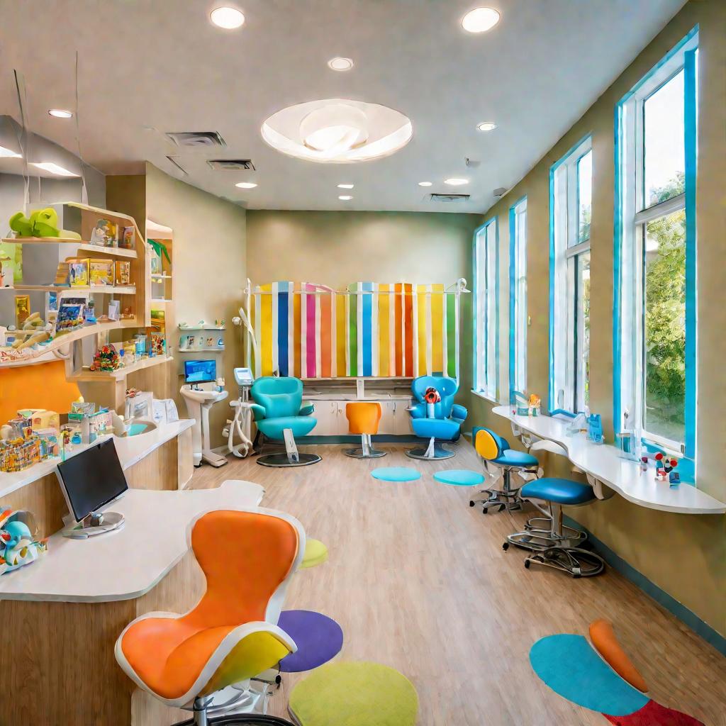 Вид сверху на яркий и красочный интерьер детской стоматологической клиники при дневном свете. На широком фото видна вся детская зона с игрушками, книгами, стульями и стоматологическим оборудованием. Естественное освещение из больших окон создает спокойную