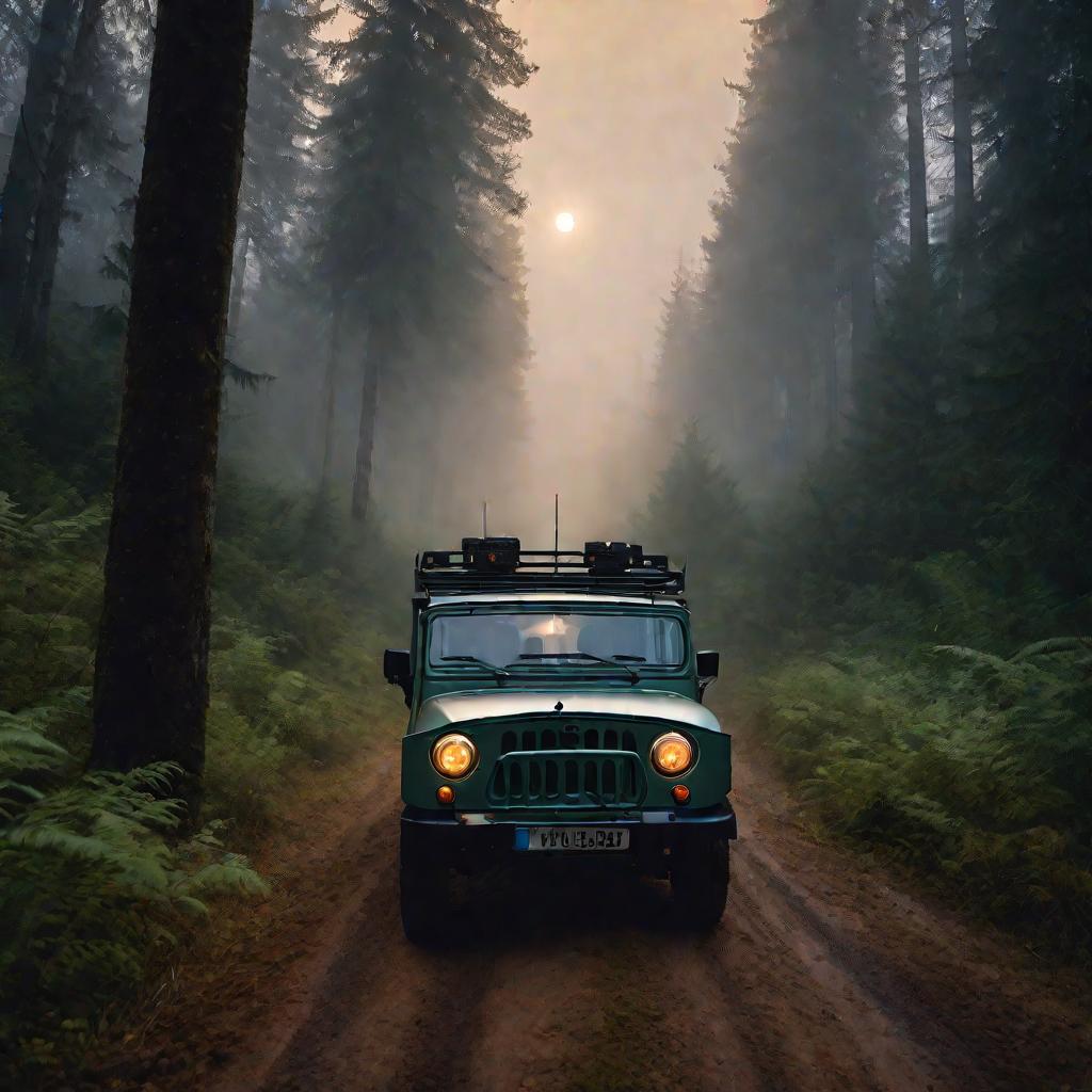 УАЗ едет по лесной дороге на закате