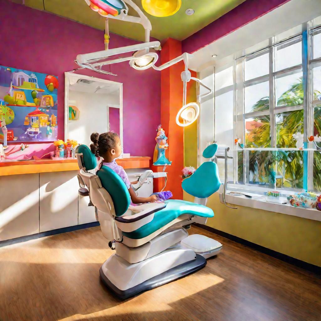 Маленькая девочка сидит расслабленно в стоматологическом кресле, пока врач проводит осмотр, а ассистентка подает инструменты. В комнате яркое естественное освещение из окон и красочные детские декорации на стенах, создающие веселую атмосферу.