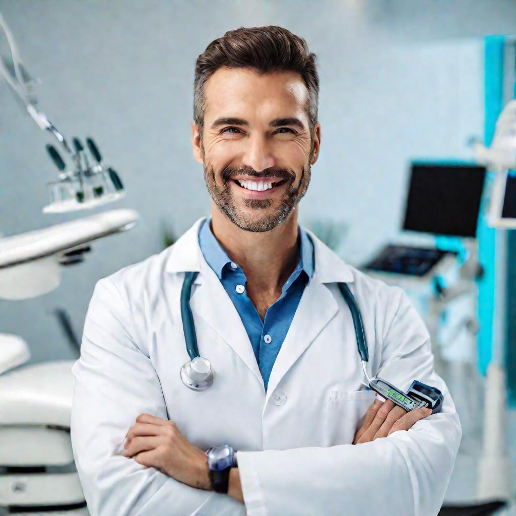 Портрет улыбающегося стоматолога в белом халате, готового приступить к осмотру.