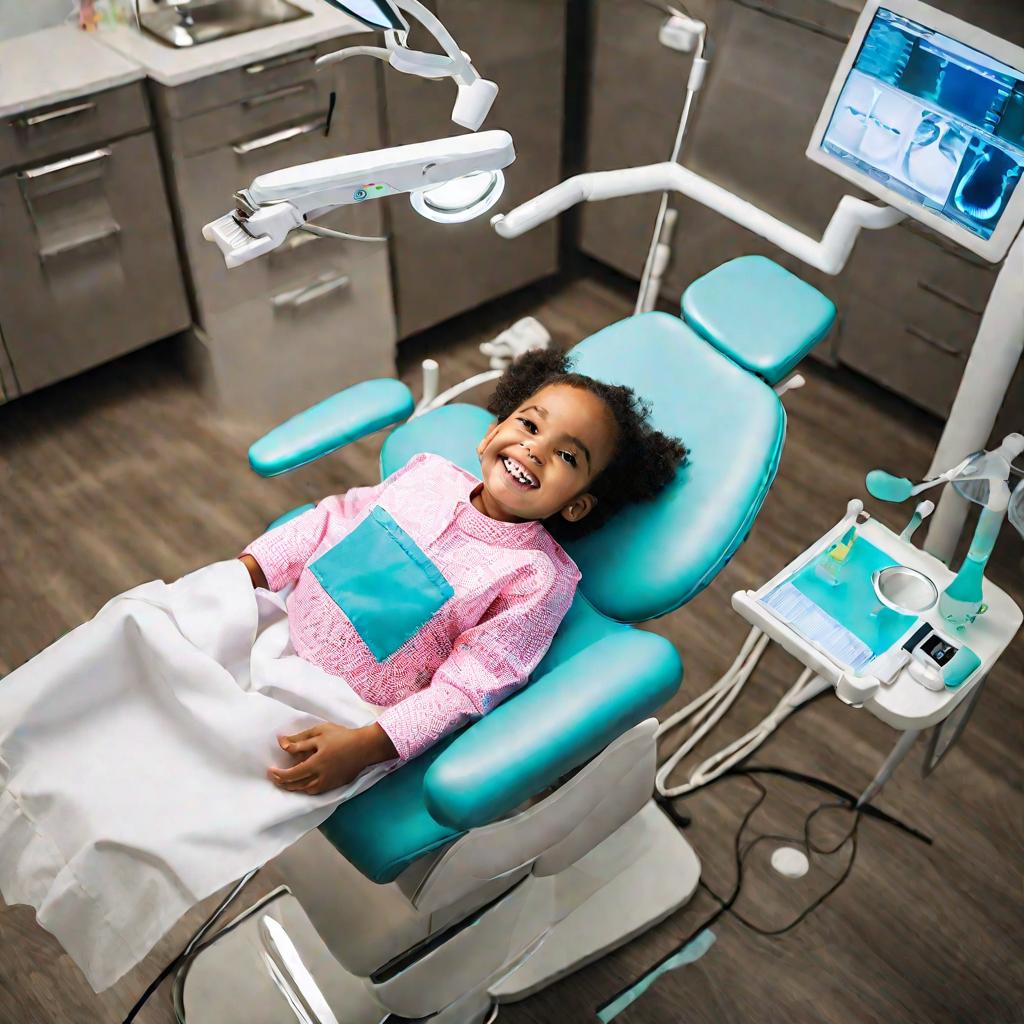 Ребенок-пациент сидит в стоматологическом кресле, улыбаясь, в ярко освещенном кабинете.