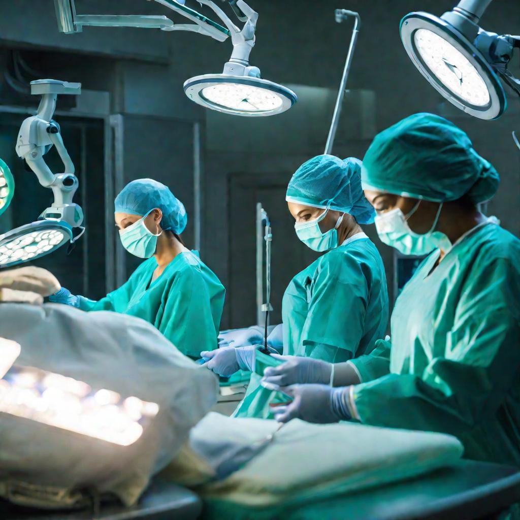 Подробный кинематографический снимок операционной во время проведения хирургической операции.