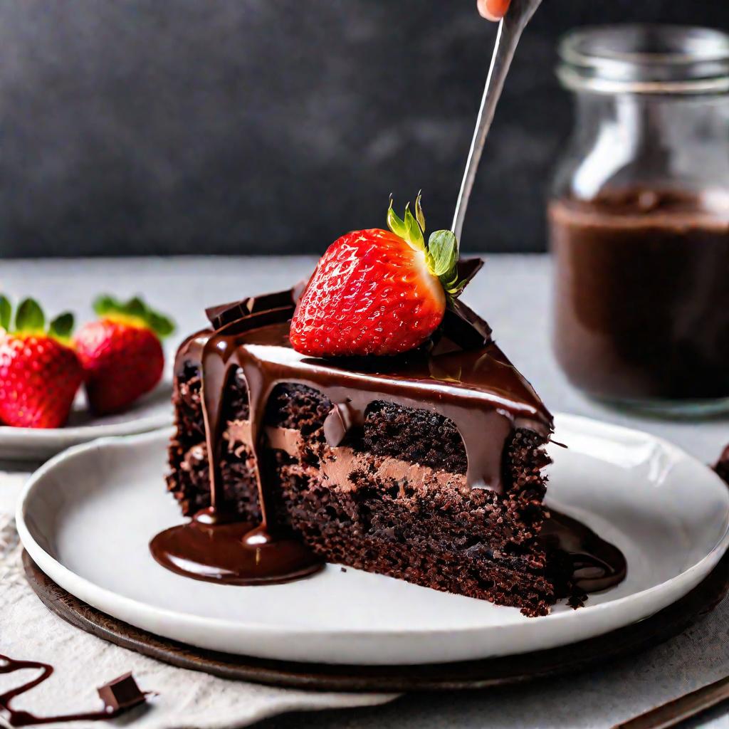 Ломтик шоколадного торта с клубникой и шоколадным соусом на белой тарелке