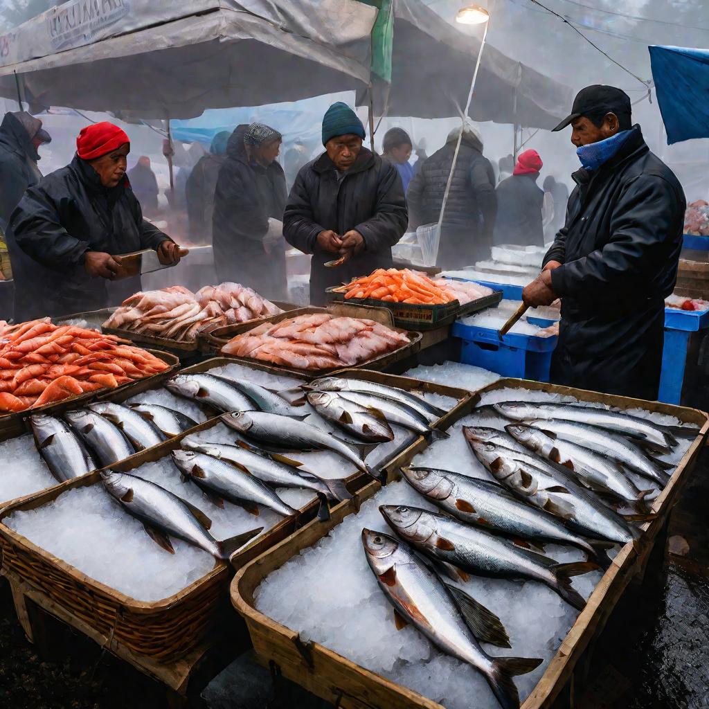 Прилавок с рыбой на утреннем рынке в туманное утро.