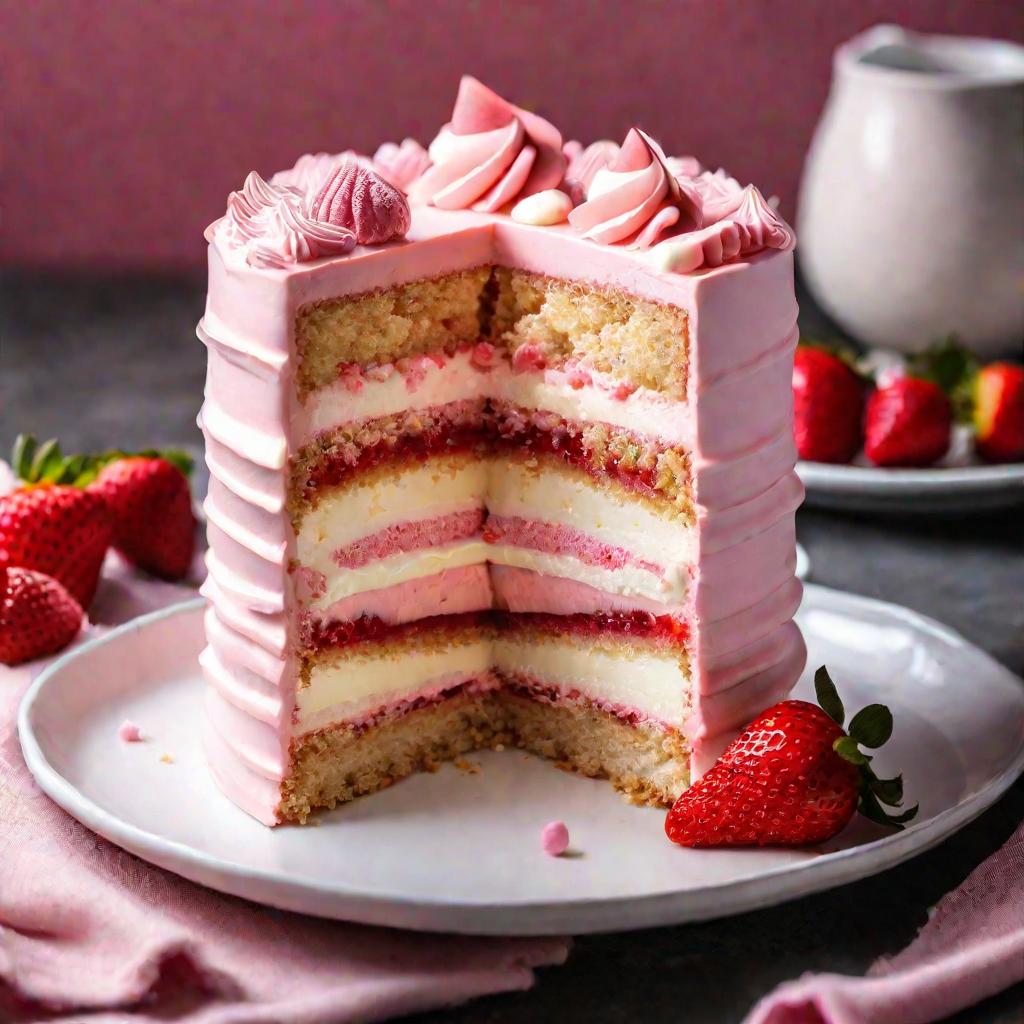Кусочек розового торта с начинкой из клубники.