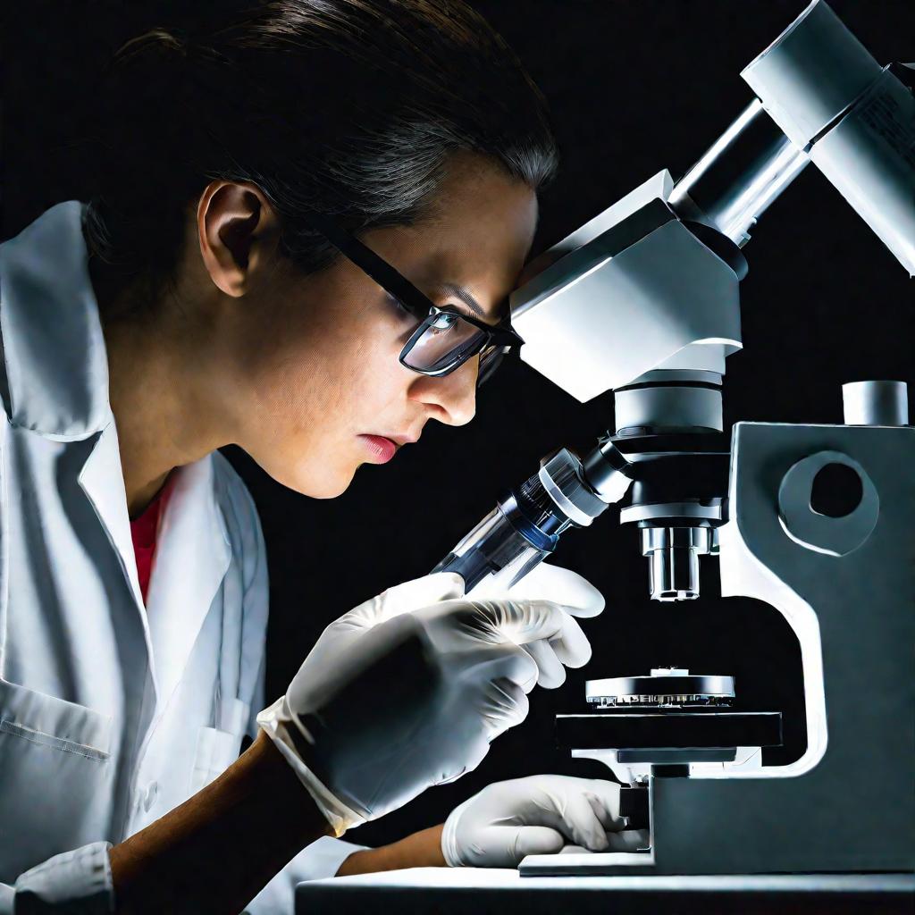 Исследователь изучает перчатку под микроскопом