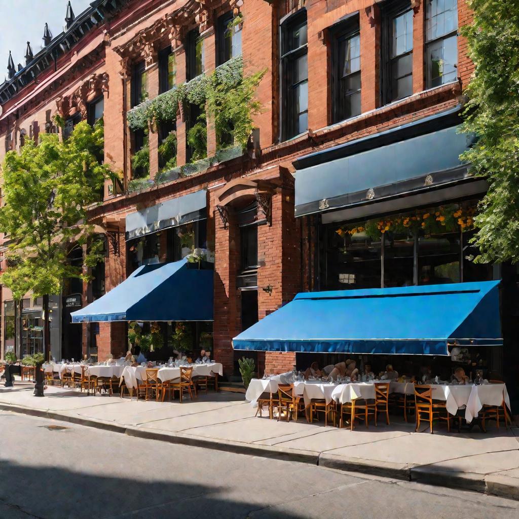 Внешний вид элегантного ресторана на городской улице в солнечный день. Люди обедают за столиками перед кирпичным зданием с большими окнами, цветочными ящиками и синим тентом. Яркие цветы и деревья высажены вдоль тротуара.