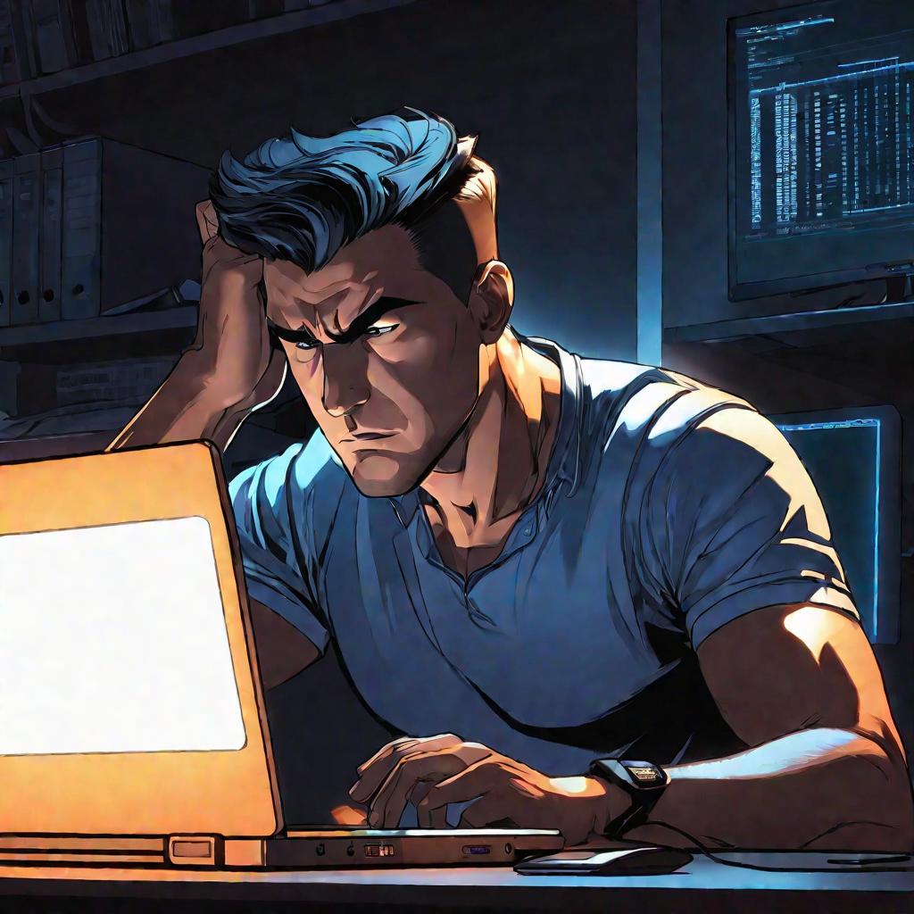 Мужчина ночью пытается восстановить файлы на ноутбуке.