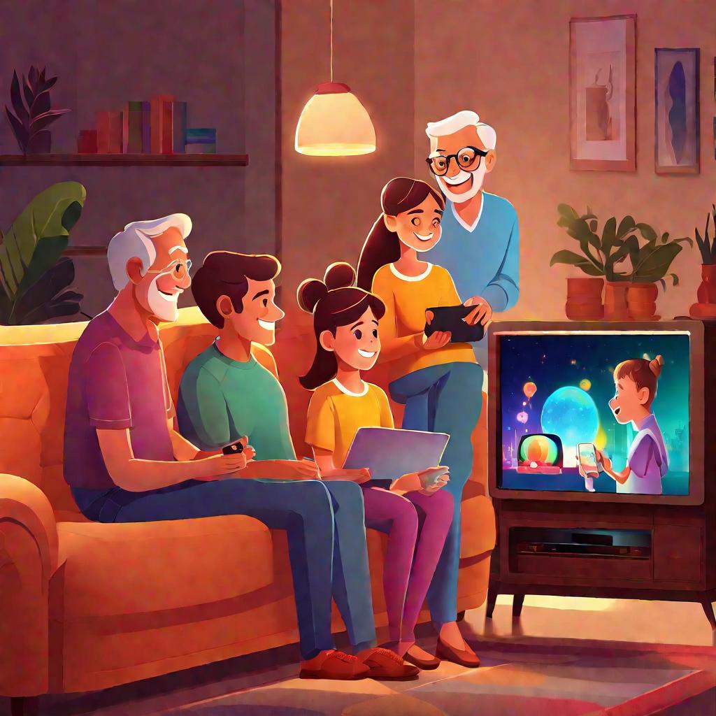 Семья смотрит мультфильм по телевизору