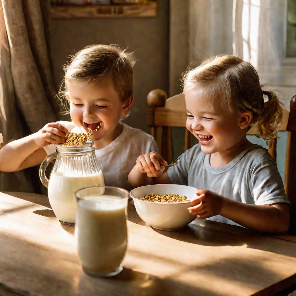Дети едят хлопья с молоком