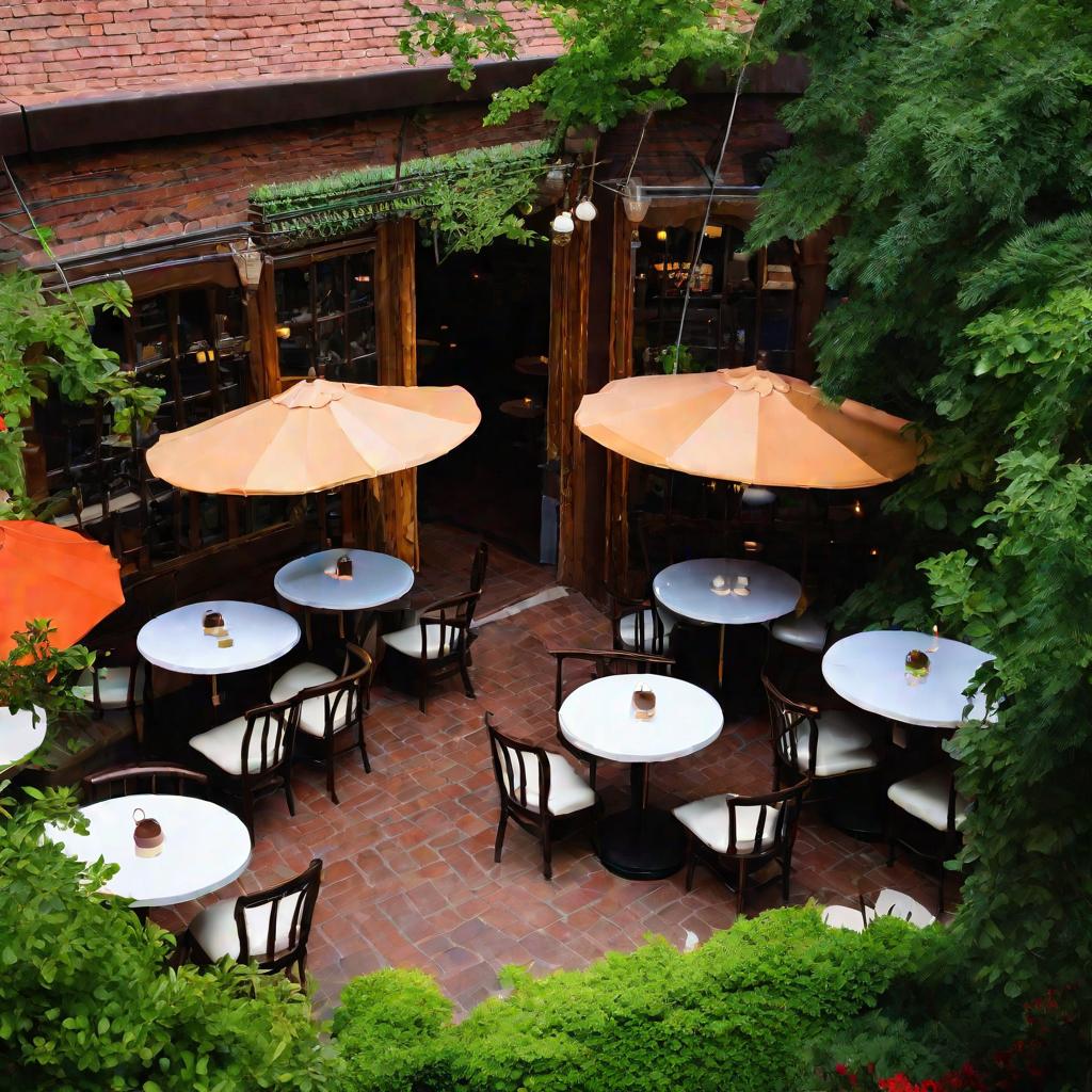 Вид сверху на уютный армянский ресторан в солнечный летний день. У ресторана есть открытая терраса с деревянными столами, стульями и разноцветными зонтиками. Люди сидят, беседуют и наслаждаются едой. Терраса окружена пышными зелеными деревьями и растениям