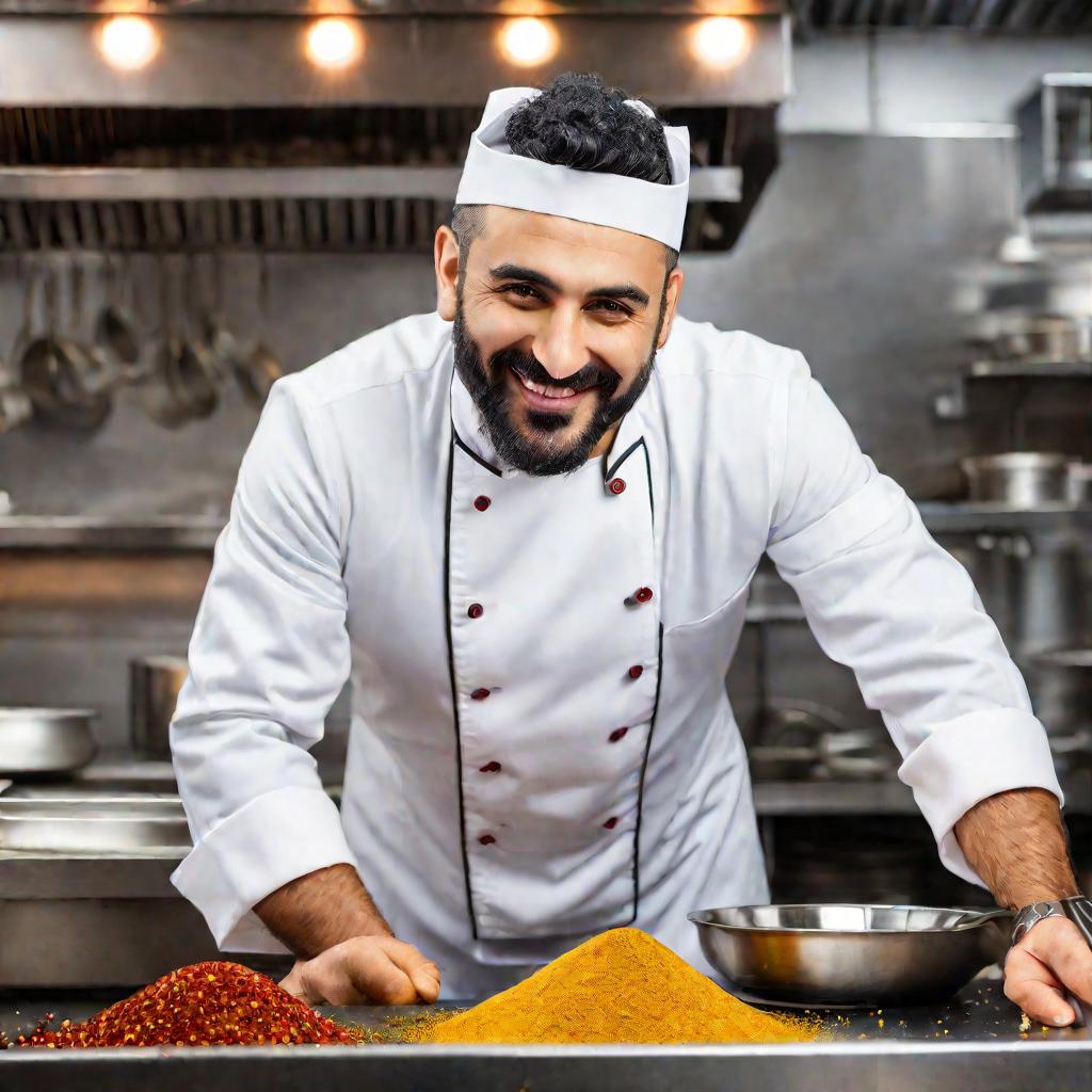 Крупный портрет улыбающегося армянского повара в белой форме, стоящего на кухне ресторана. Он аккуратно посыпает специями блюдо, шипящее на сковороде, с сосредоточенным взглядом и точными движениями руки. На заднем плане видно, как другие повара заняты пр