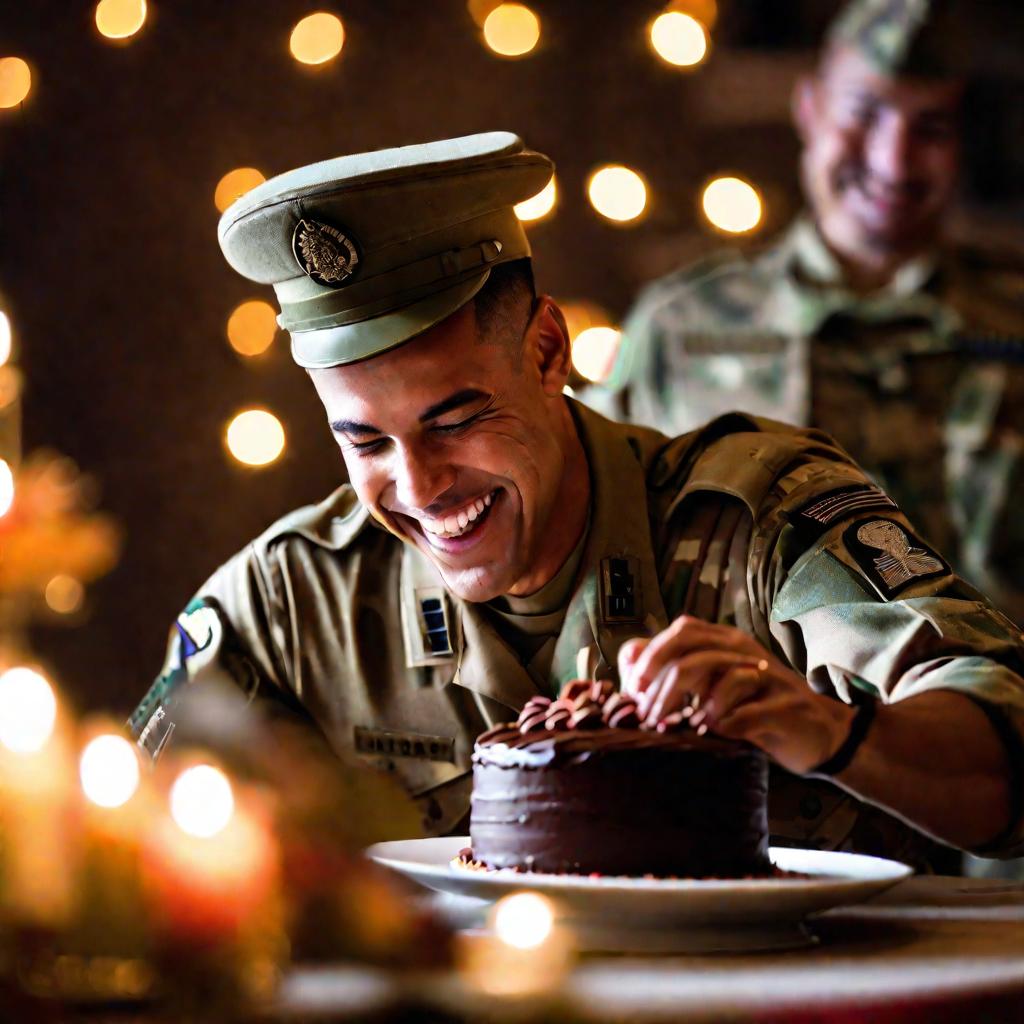 Военный режет торт на день рождения
