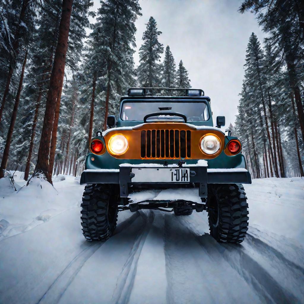 УАЗ едет по заснеженной лесной дороге навстречу камере, на машине установлены зимние шины и цепи