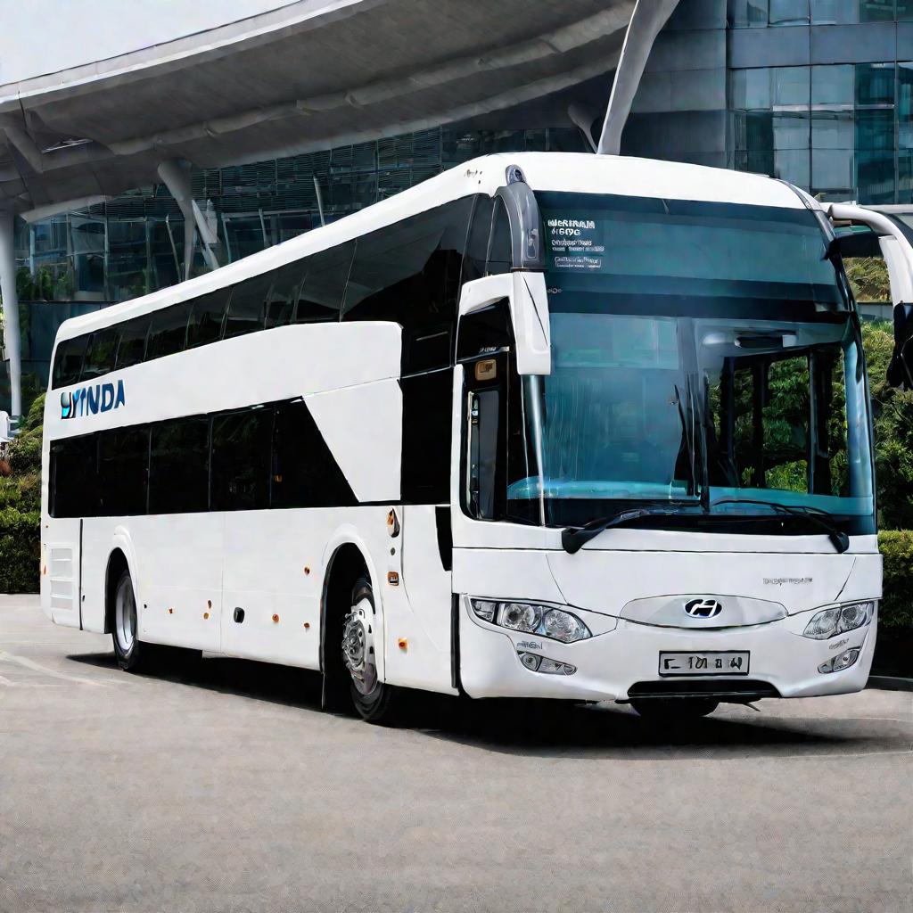 Крупный план передней части белого автобуса Hyundai County на автовокзале.