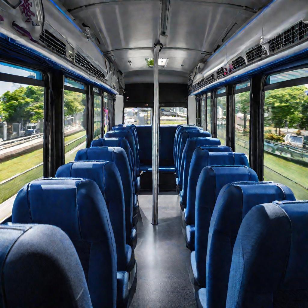 Вид изнутри салона автобуса Hyundai County с пассажирами на сиденьях.
