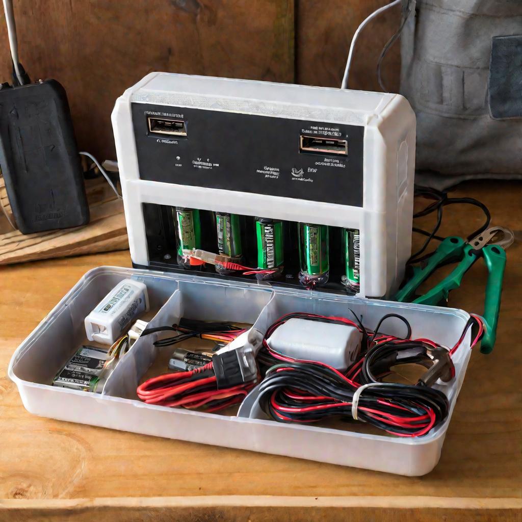 Фото готового зарядного устройства в пластиковом корпусе на столе среди инструментов