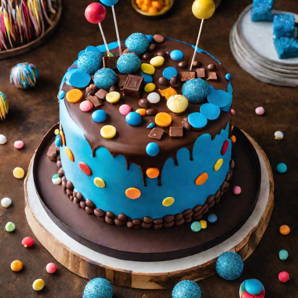 Красиво оформленный двухъярусный шоколадный торт с яркими украшениями, цифрой 6 и свечами