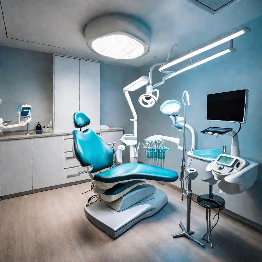 Вид изнутри светлого современного стоматологического кабинета. Пациент сидит в кресле, врач осматривает его зубы под ярким хирургическим светильником. На подносе аккуратно разложены стоматологические инструменты.