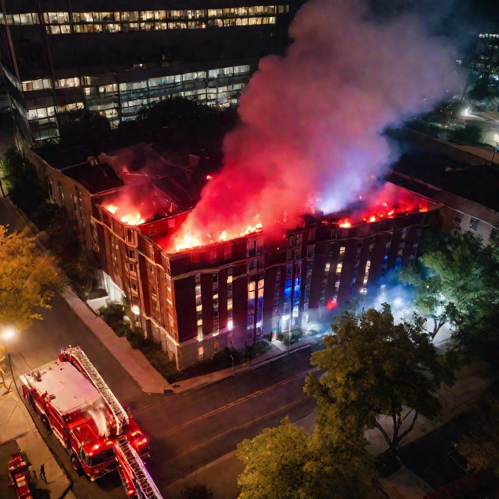 Несколько пожарных машин тушат горящий многоквартирный дом на закате