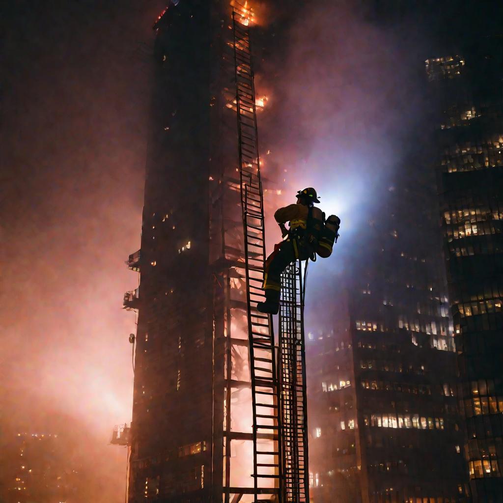 Пожарный ночью поднимается по лестнице на горящий небоскреб