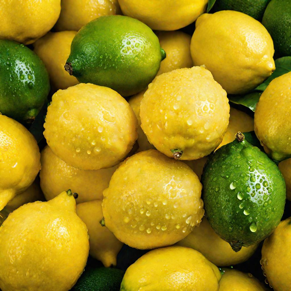 Свежие лимоны с каплями воды на размытом зеленом фоне.