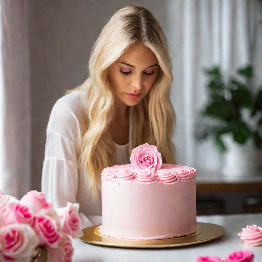 Девушка украшает торт розами