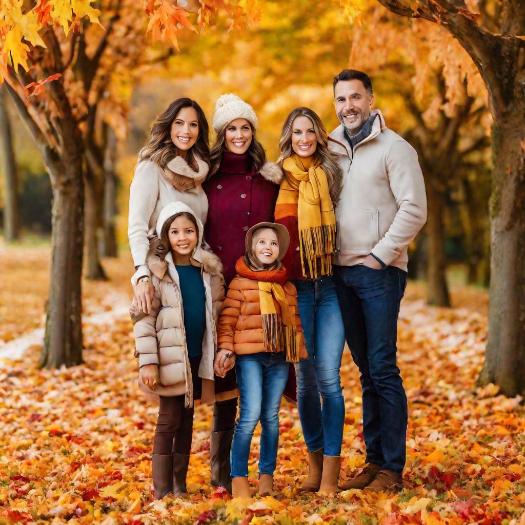Счастливая семья на фоне осенних листьев.