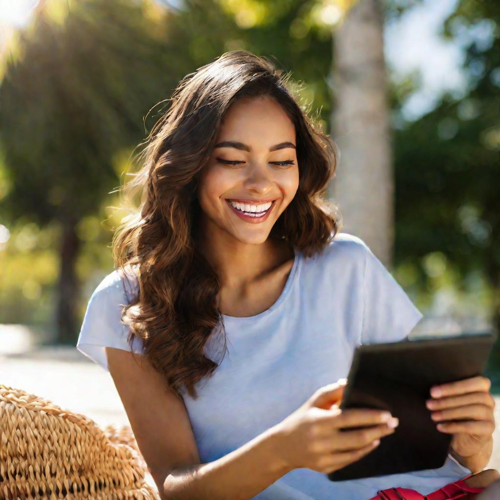 Крупный портрет счастливой молодой женщины с яркой улыбкой во время видео чата на планшете на улице в солнечный день.