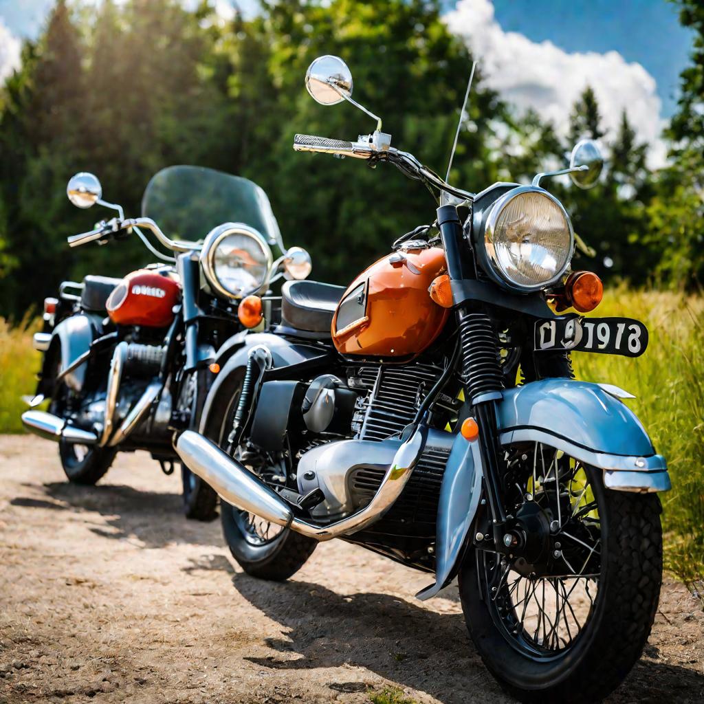Три винтажных мотоцикла Урал разных лет на открытой выставке мотоциклов в солнечный летний день.