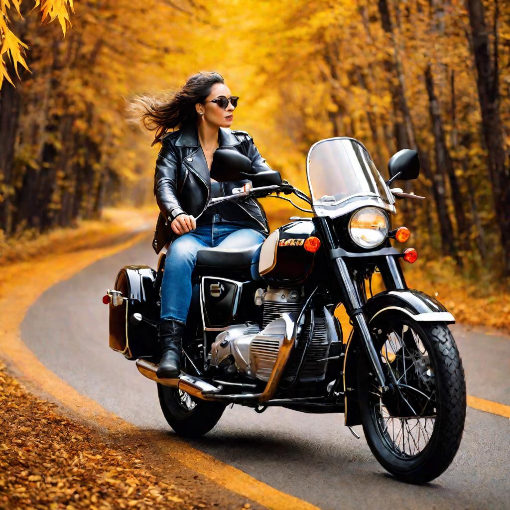 Девушка в черной кожаной куртке и джинсах сидит на белом мотоцикле Урал с коляской на дороге, проходящей через золотой осенний лес. Она смотрит вдаль по дороге спокойным, сосредоточенным взглядом. Мягкий естественный свет просачивается сквозь оранжевые и 