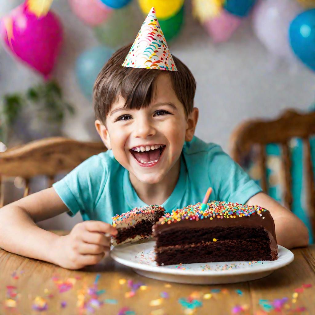 Мальчик счастливо держит тарелку с куском шоколадного торта.