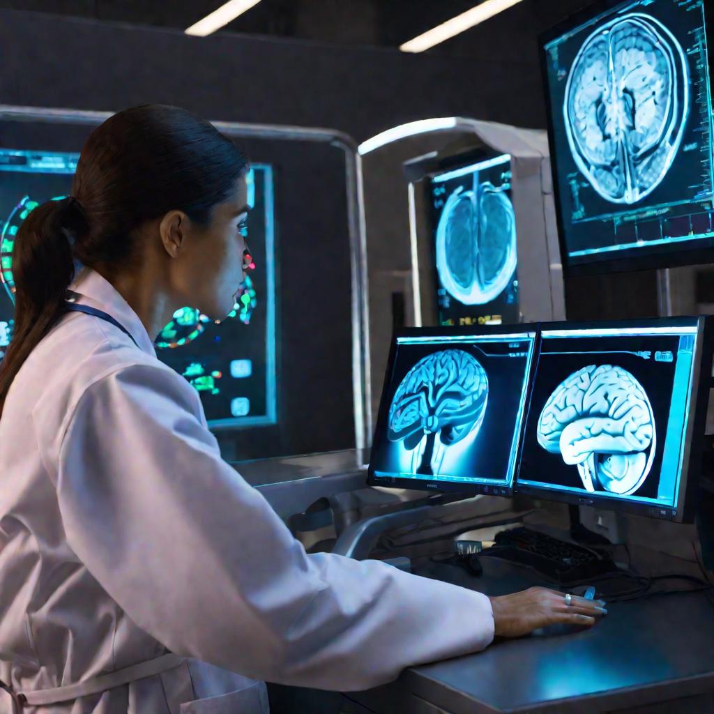 Врач проводит МРТ головы пациента на современном оборудовании