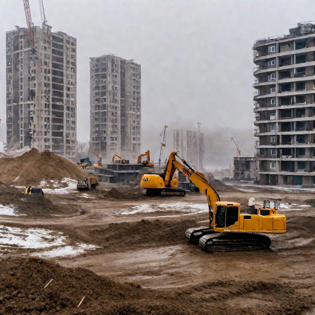 Панорама строительной площадки жилого комплекса в Анапе в туманный зимний день