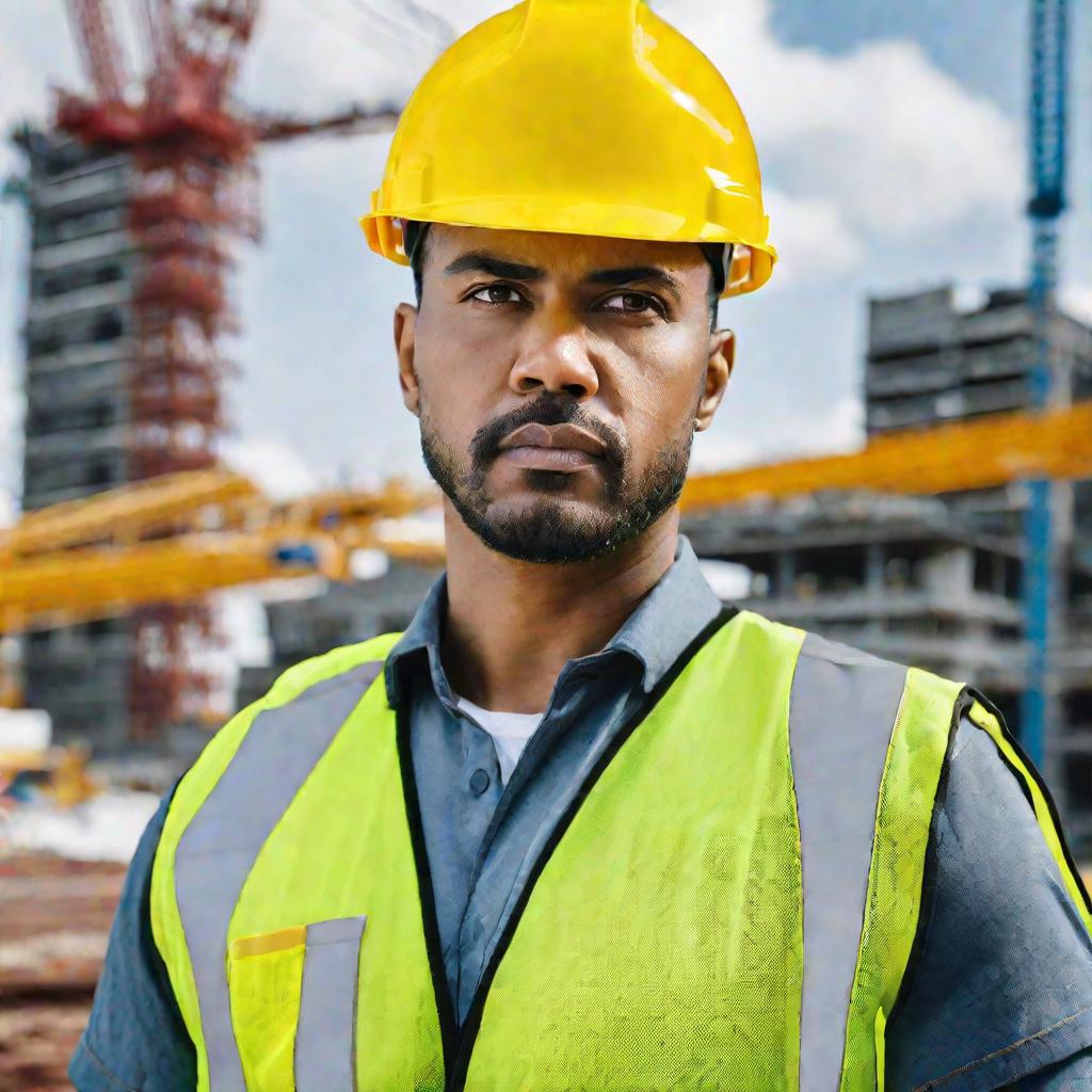 Портрет строителя в каске и жилетке на фоне стройплощадки.
