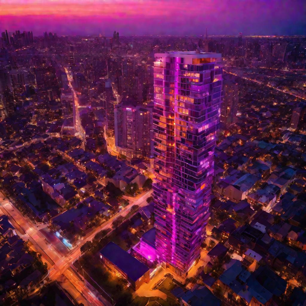 захватывающий вид с высоты на современное высотное здание, выходящее на оживленный городской пейзаж на закате