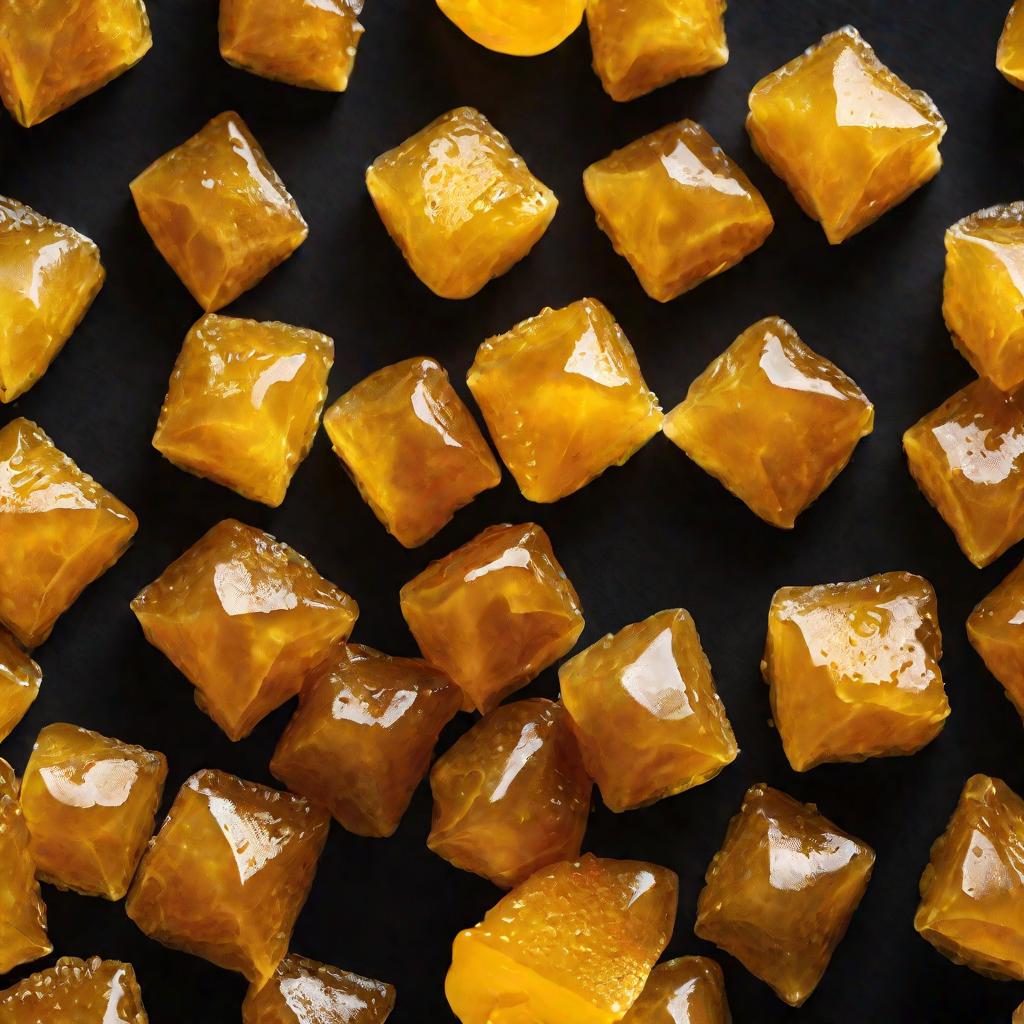 Крупный план вкусного традиционного татарского десерта чак-чака, светящегося золотистым на темном фоне под мягким студийным светом. Невероятно аппетитное лакомство имеет форму скрученного узла, покрытого медом.
