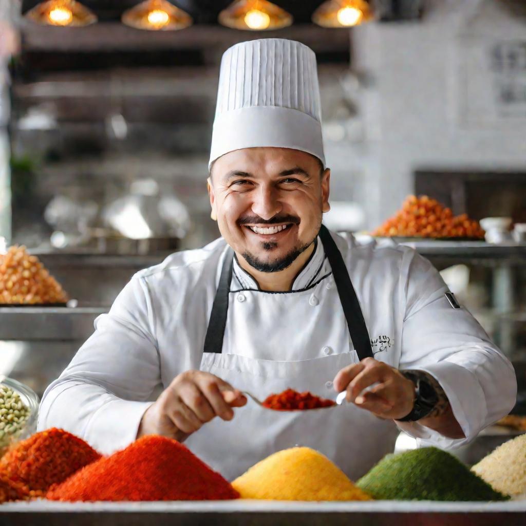 Повар в традиционной татарской шапке проводит кулинарный мастер-класс, тепло улыбаясь в камеру. Перед ним на стойке разложены ингредиенты, дневной свет струится из окон кафе.