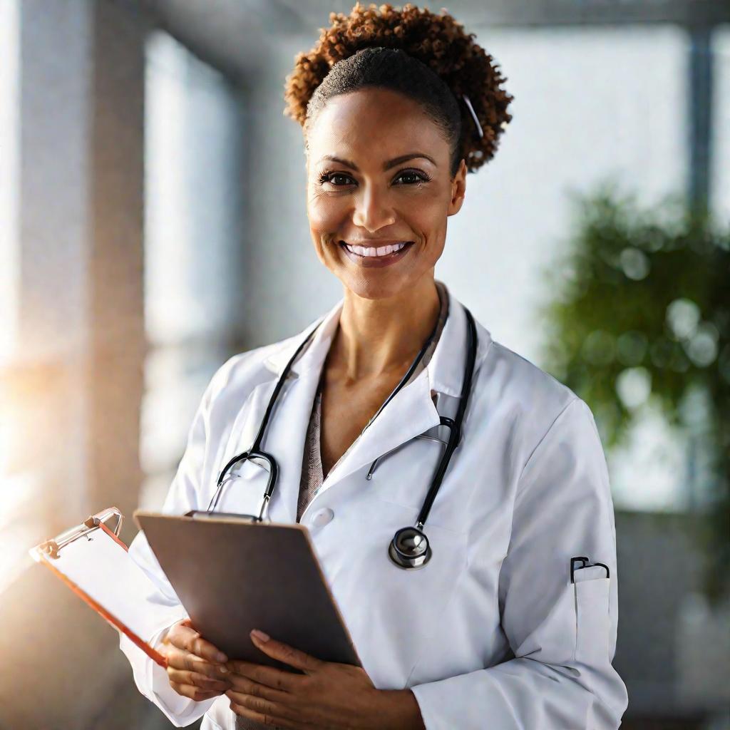 Портрет улыбающегося женского врача в белом халате на фоне медицинских таблиц.
