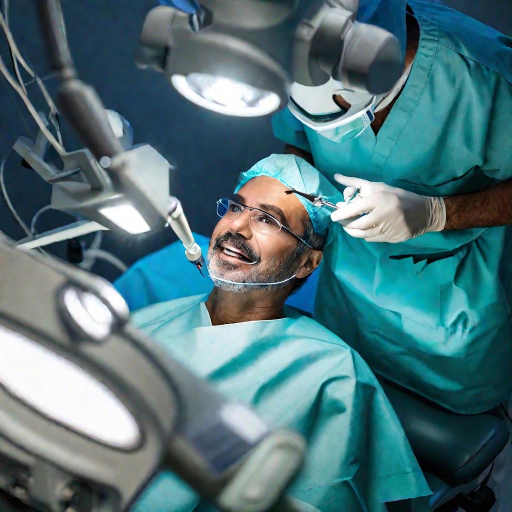 Хирурга проводящего сложную стоматологическую операцию при ярком свете хирургических ламп.